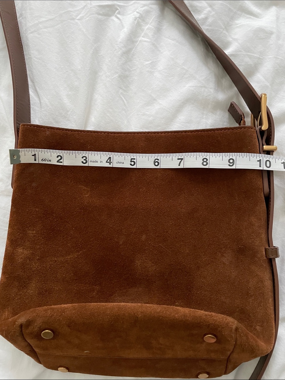 Quince Italian Suede Crossbody Bucket Bag in Whiskey Brown - Picture 13 of 14